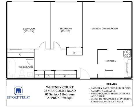 A floor plan of a 2 bedroom apartment with details of the apartment and its features.